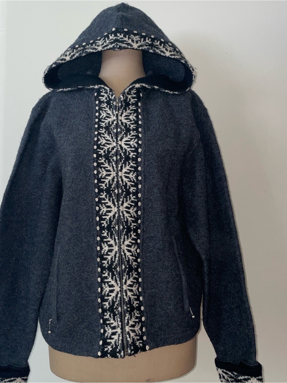 Woolrich Hooded Zip Jacket in Dark Gray with White Nordic Trim